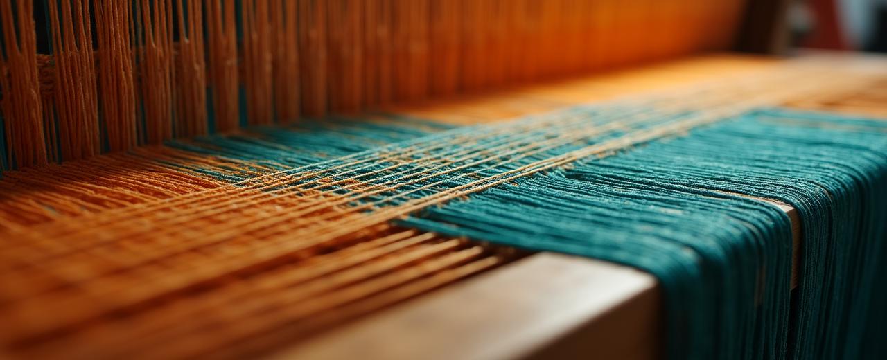Artistic close-up of a loom weaving vibrant threads into a cinematic pattern