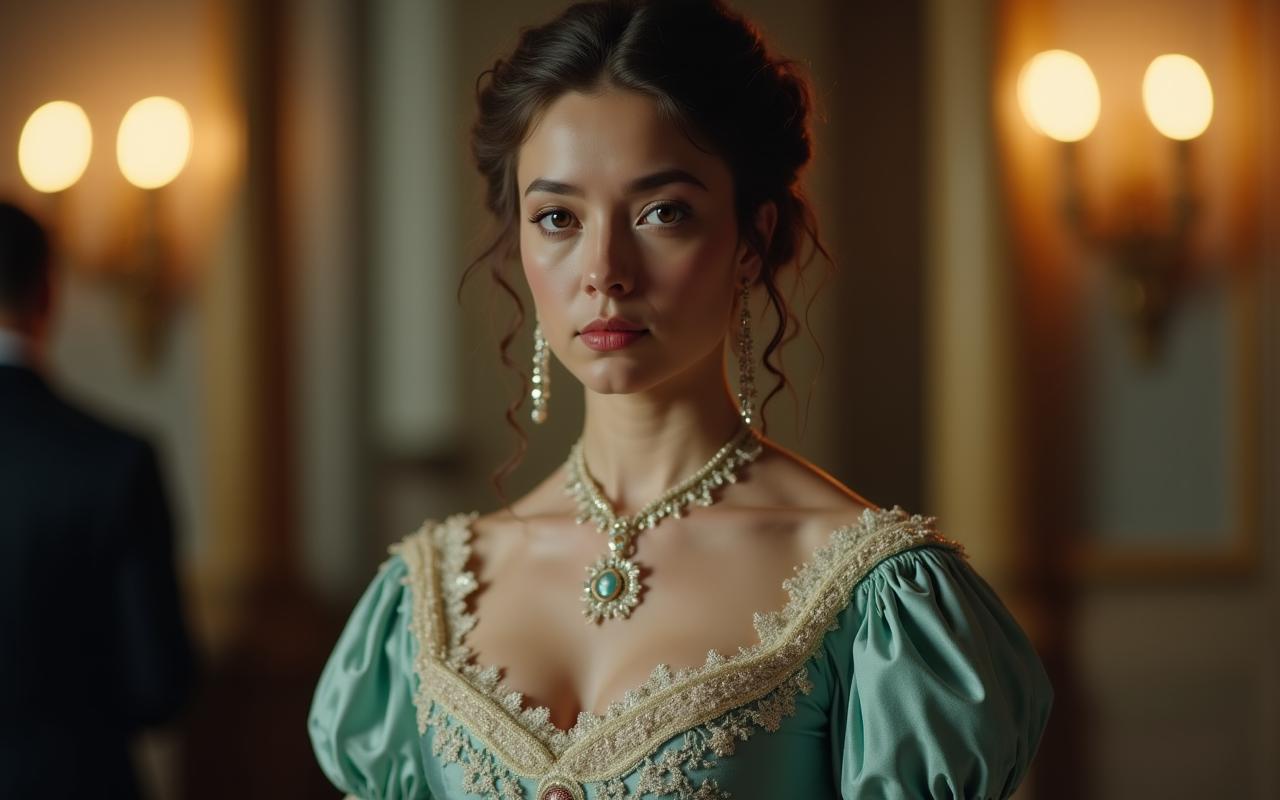 Still from a period drama featuring elaborate silk gowns