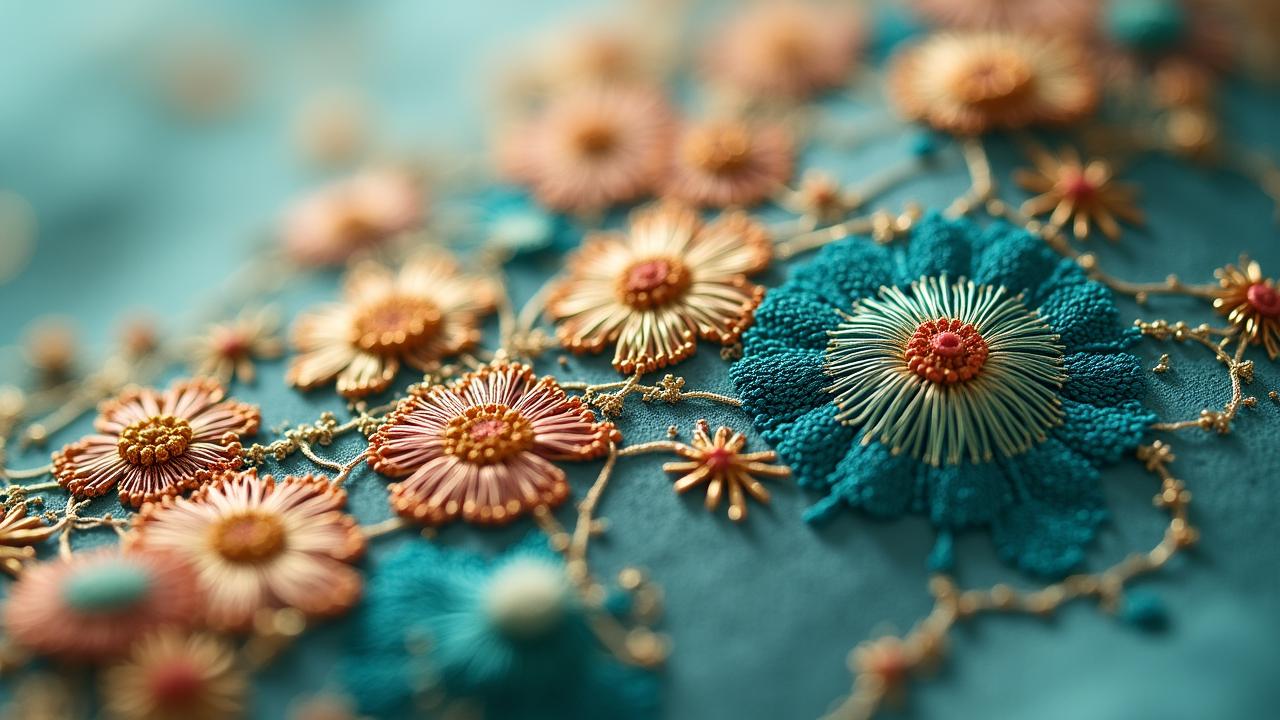 Macro shot of intricate gold and silk embroidery